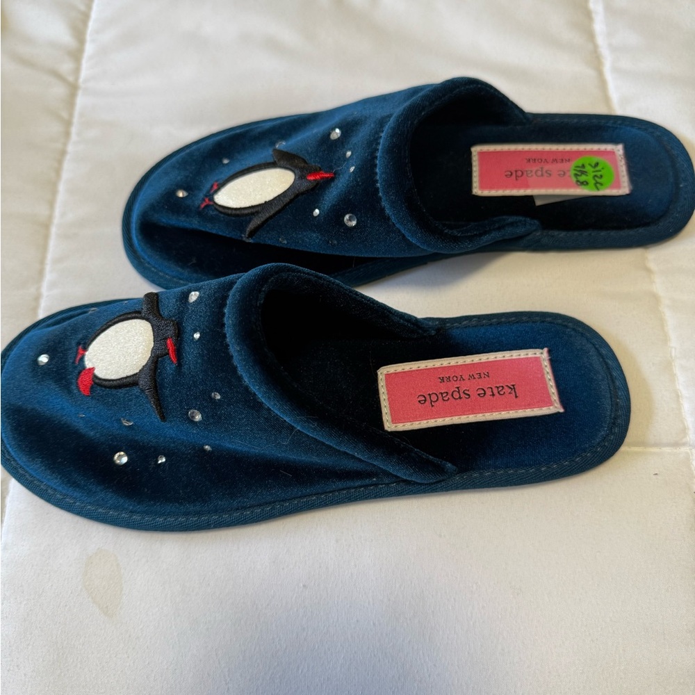 WOT- Kate Spade Blue velvet,Jolie Penguin Embroidered Slippers. 8.5 - Picture 2 of 6